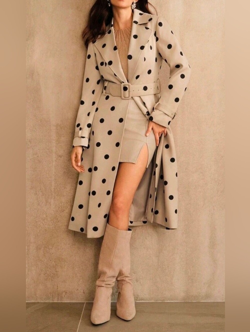 New Chic Polka Dot Belted Trench Coat Khaki Tan
